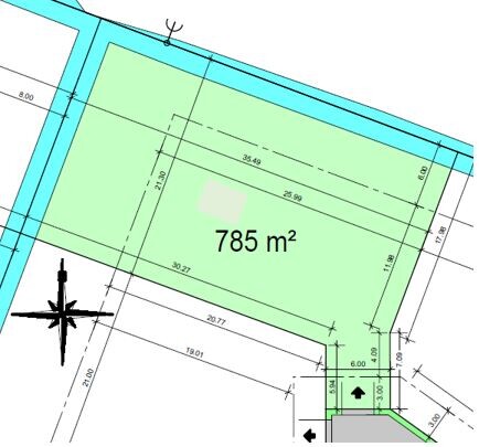 2D plot plan with green building area, building footprint, and dimensions