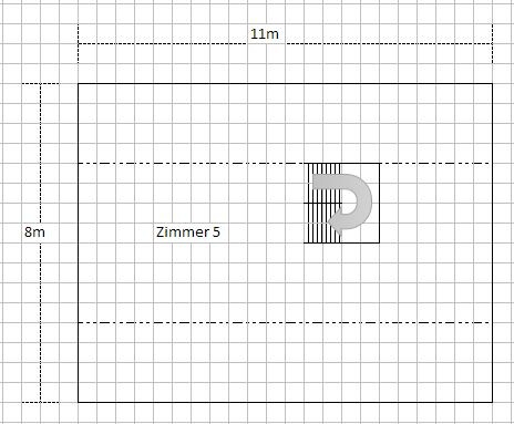 2D Grundrissplan eines Zimmers mit Treppe im Rasternetz und Maßen