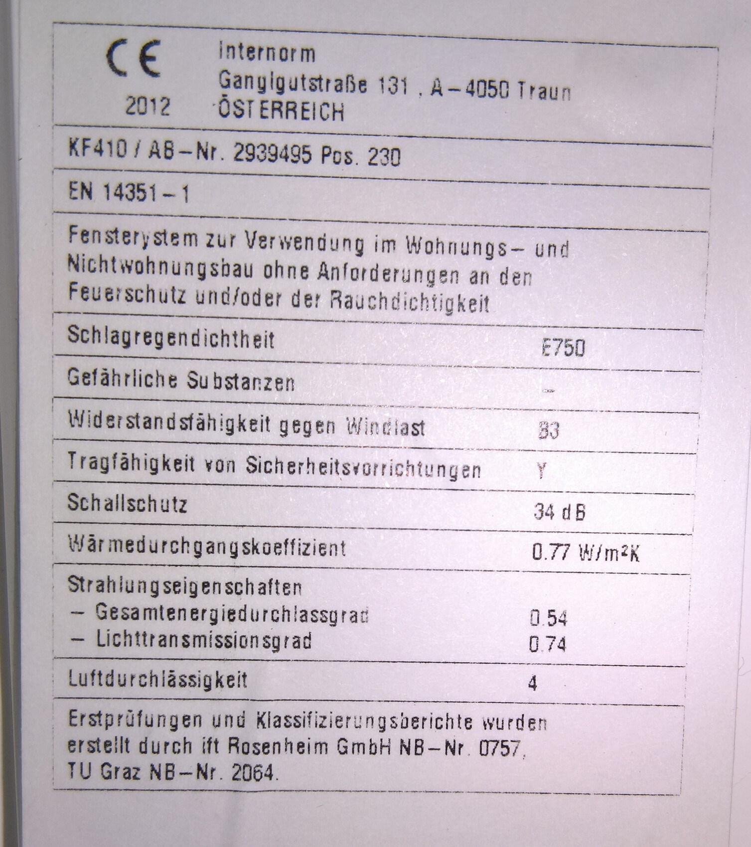 CE-Label on window system with EN 14351-1 and manufacturer details
