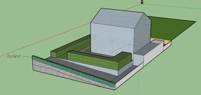 3D house model on plot with driveway, garden and greenery