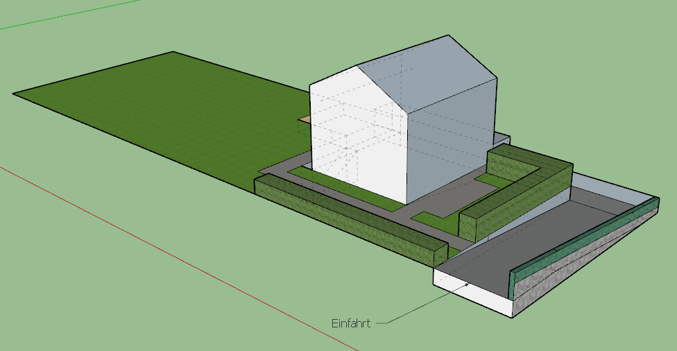 3D house model with green plot, driveway and garden landscaping