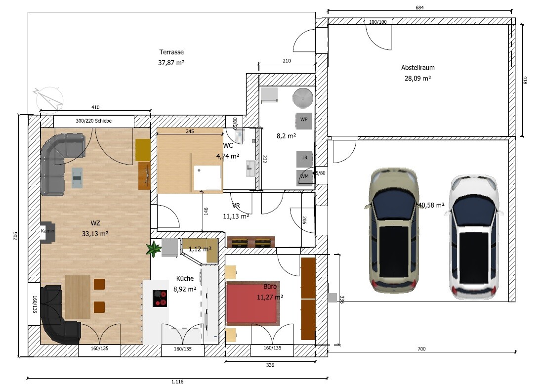 Grundriss eines Hauses mit Wohnzimmer, Küche, Büro, Terrasse, Abstellraum und Doppelgarage.