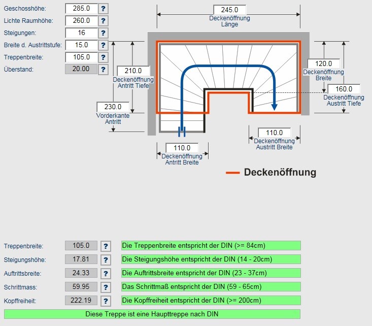 Schematische Zeichnung einer Treppe mit Deckenöffnung und Treppenlauf, DIN-Haupttreppe.