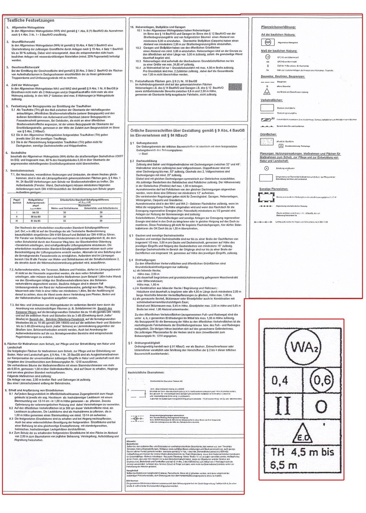 Construction plan document with written regulations and plan symbols