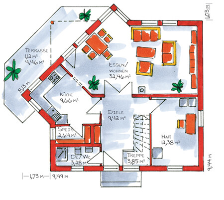 Detailed floor plan of a house with kitchen, dining area, living room, terrace, and staircase.