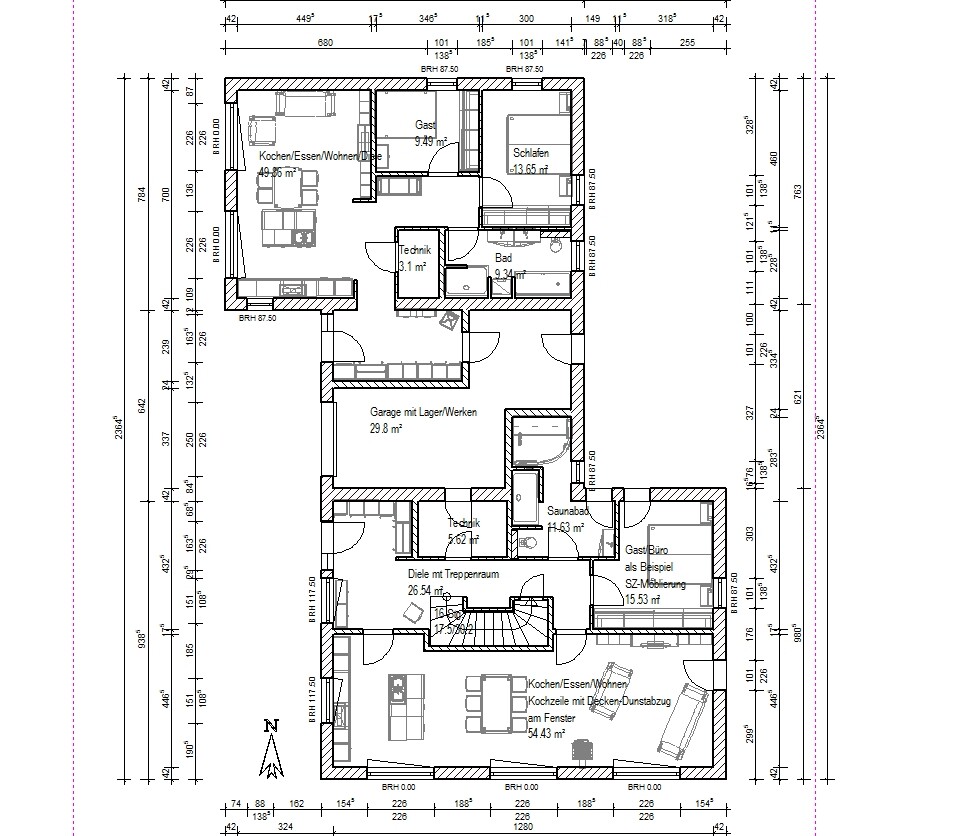 Detaillierter Grundriss eines Hauses mit Küche, Wohnbereich, Bad, Garage und Sauna.