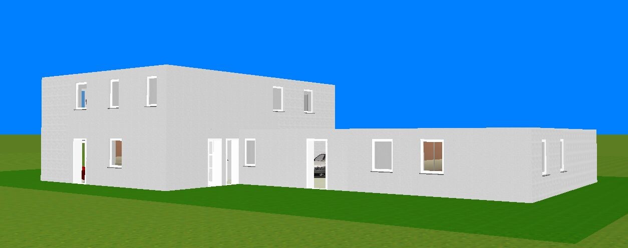 Weißes modernes Haus auf grünem Rasen unter blauem Himmel, flache Dächer und rechteckige Fenster.