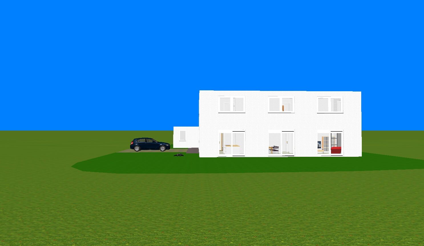 Moderne weiße Villa mit großen Fenstern auf grünem Rasen unter blauem Himmel; dunkelblaues Auto.