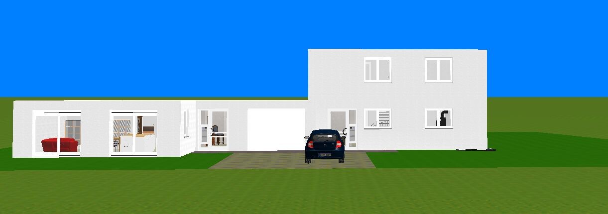 Weiße moderne Einfamilienhausfront mit Garage, Auto in Einfahrt, große Glasfenster, grüner Rasen