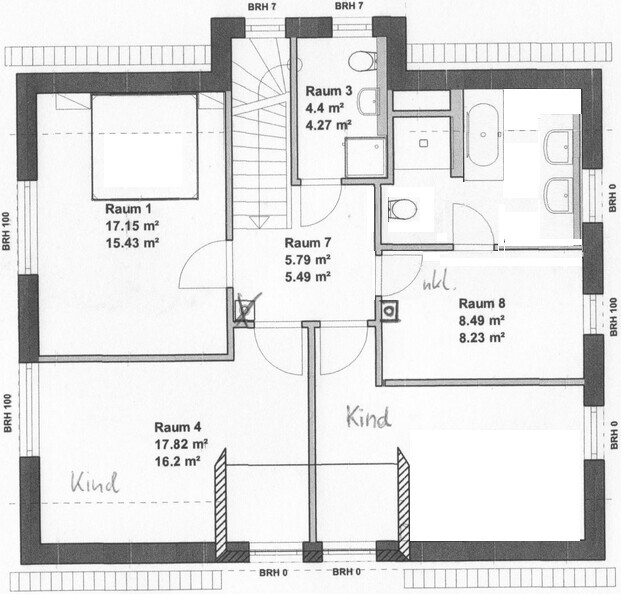 2D house floor plan with rooms, staircase, bathroom area, and doors