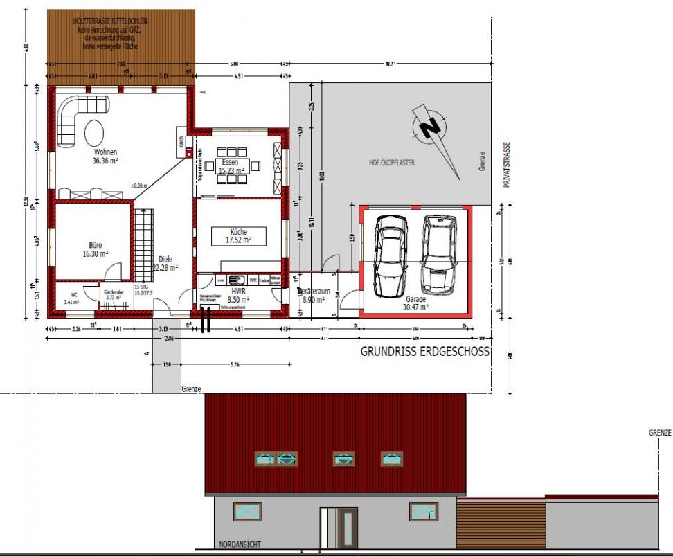 2D floor plan of the ground floor of a house with living room, kitchen, office, and double garage
