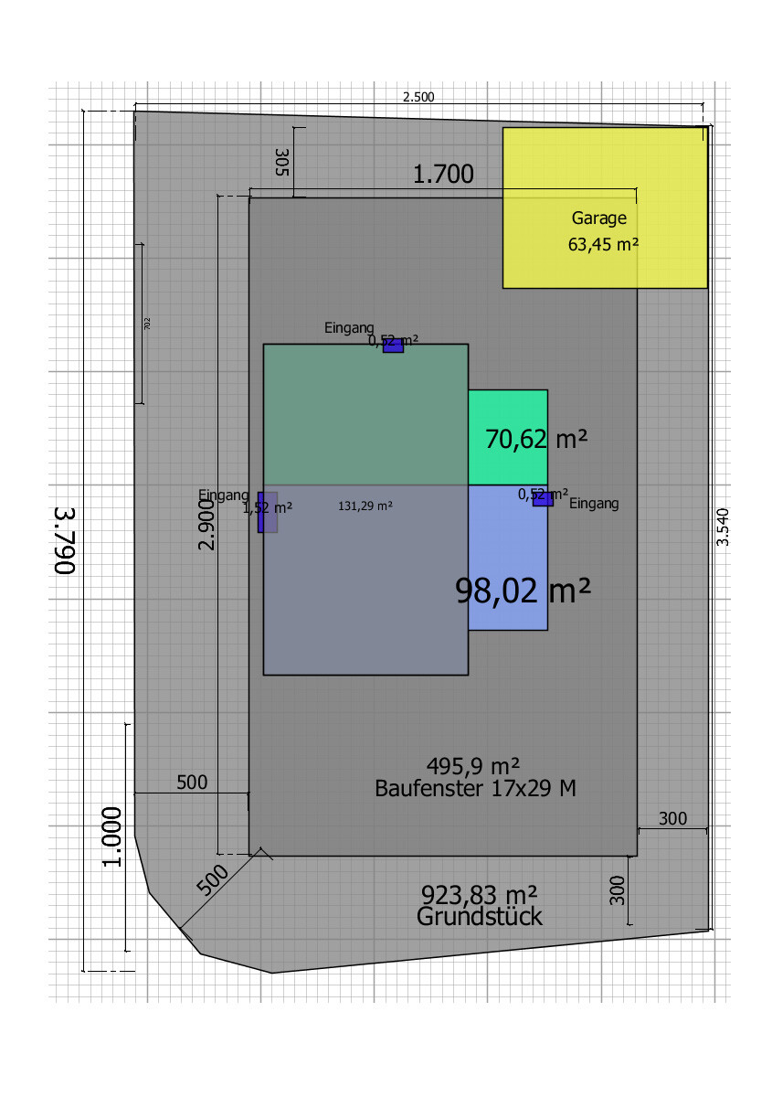 Grundstücksplan: Hausgrundriss mit gelber Garage, Eingängen und farbigen Räumen, Maße angegeben.