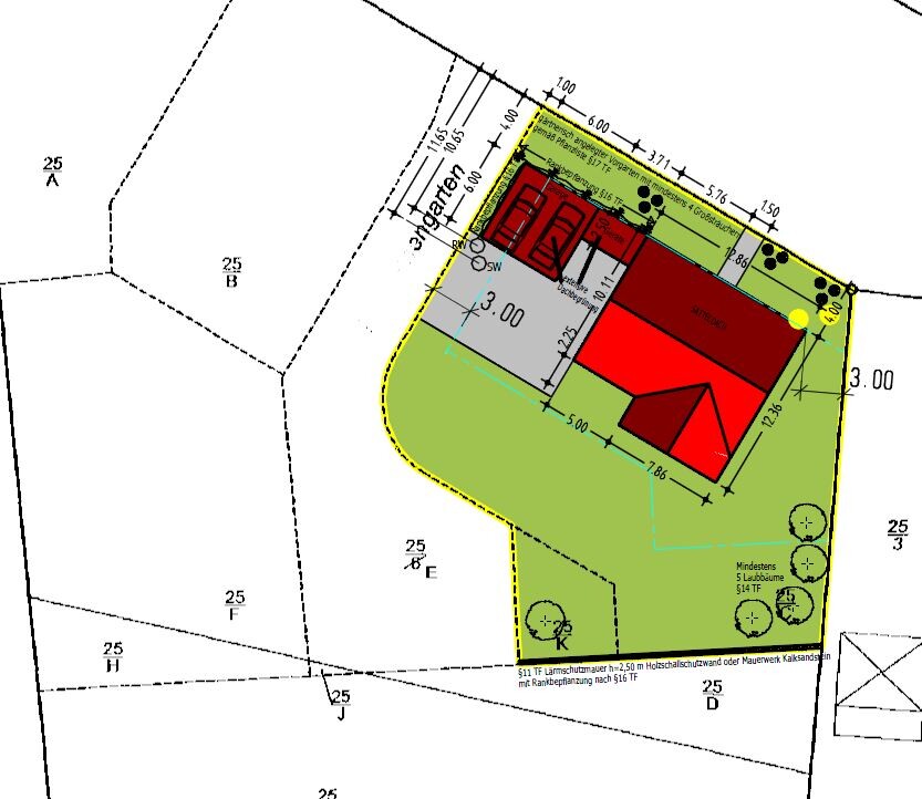 Site plan with house floor plan, surrounding garden area, and boundary lines.