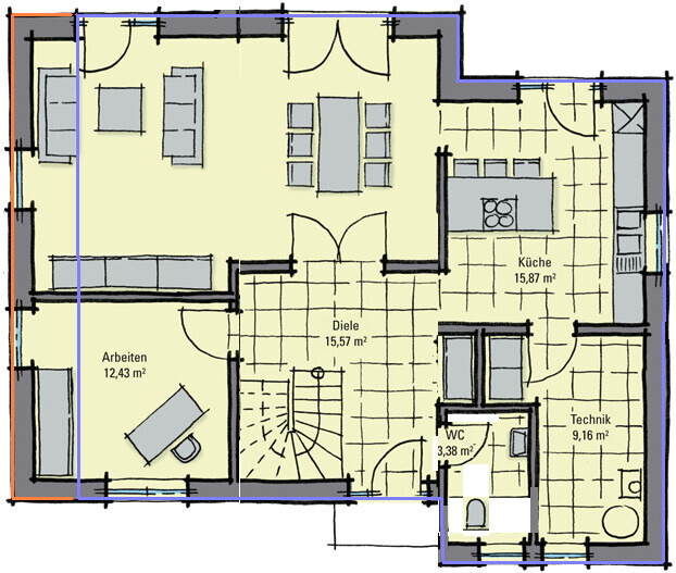 Floor plan of a house: hallway, kitchen, utility room, WC, study, living room with dining table.