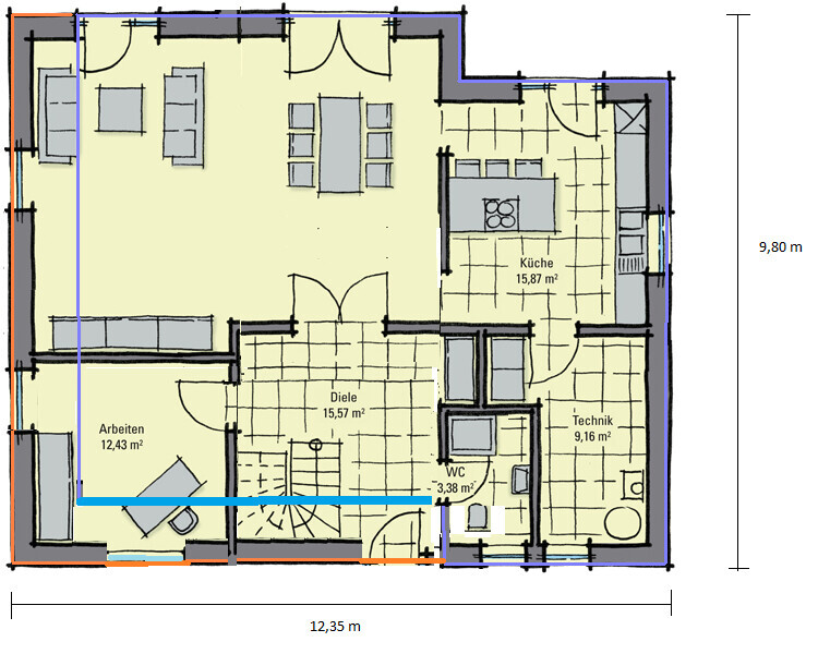 Floor plan of a house: kitchen, office, hallway, WC, utility room; furnished, dimensions 12.35×9.80 m (41×32 feet).