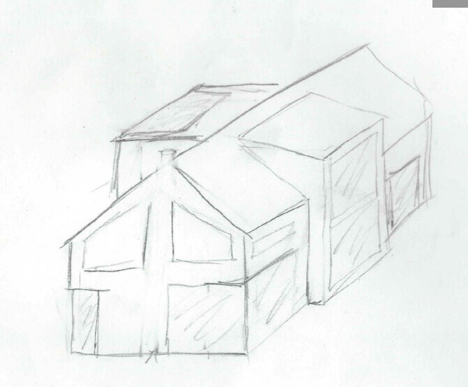 Sketch of a multi-section house with several roof pitches, pencil drawing.