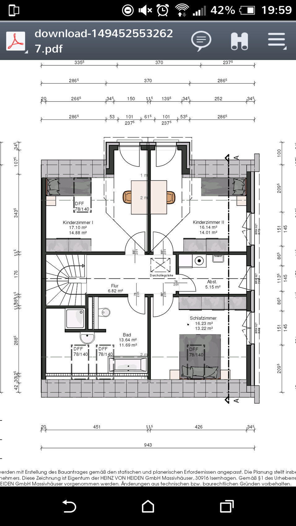 Attic plan: hallway, bathroom, bedroom, two children’s rooms, storage room, stairs