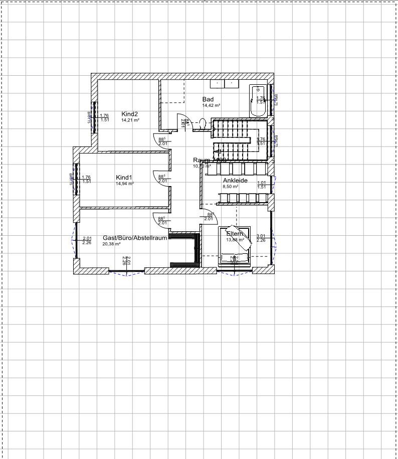 Floor plan of a house: master bedroom, two children’s rooms, guest/office/storage room, bathroom, dressing room, stairs.