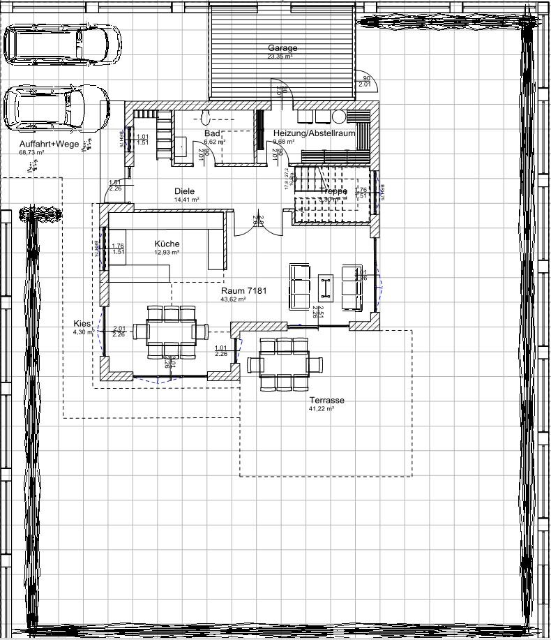 Floor plan of a house with kitchen, entrance hall, bathroom, room 7181, terrace, garage.