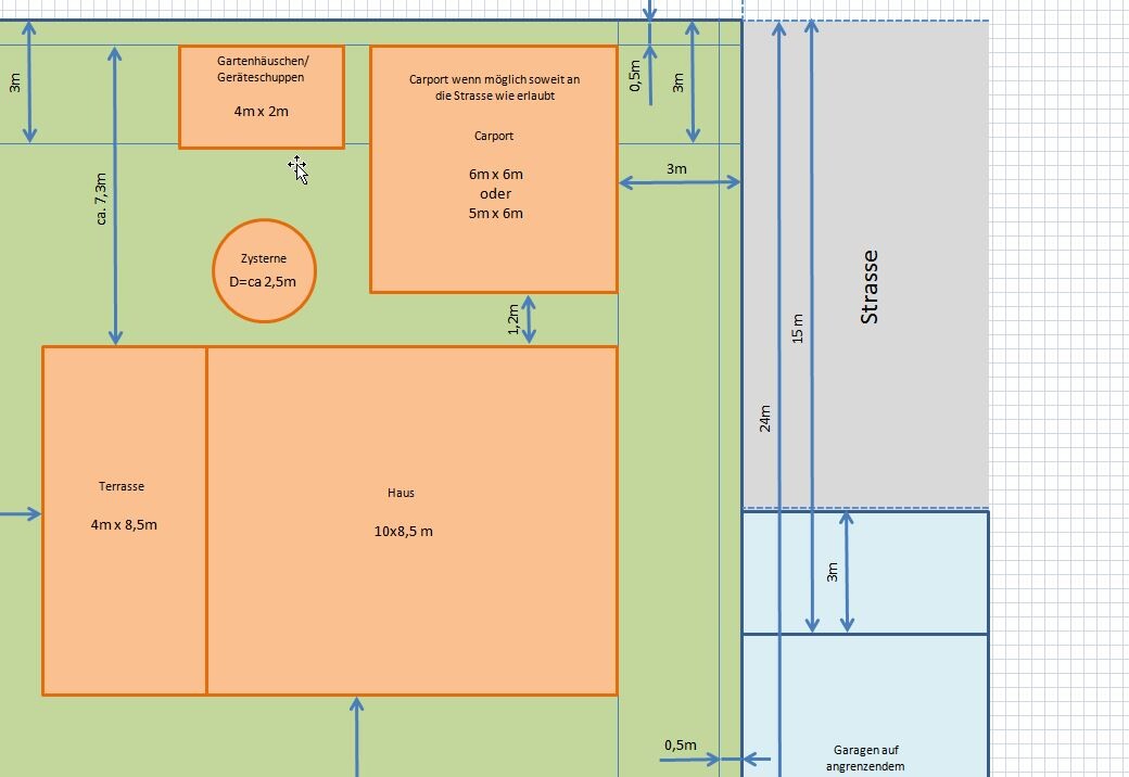 Grundstuecksplan mit Haus Terrasse Carport und Gartenbereich