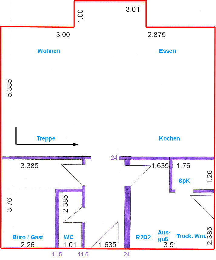 Floor plan of a house with living, dining, kitchen, stairs, office/guest room, WC, and R2D2 area.