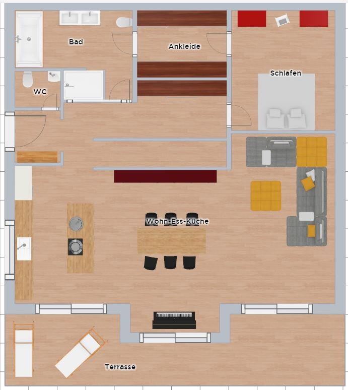 Floor plan of an apartment: open living-dining-kitchen area, terrace, bedroom, walk-in closet, bathroom and toilet.