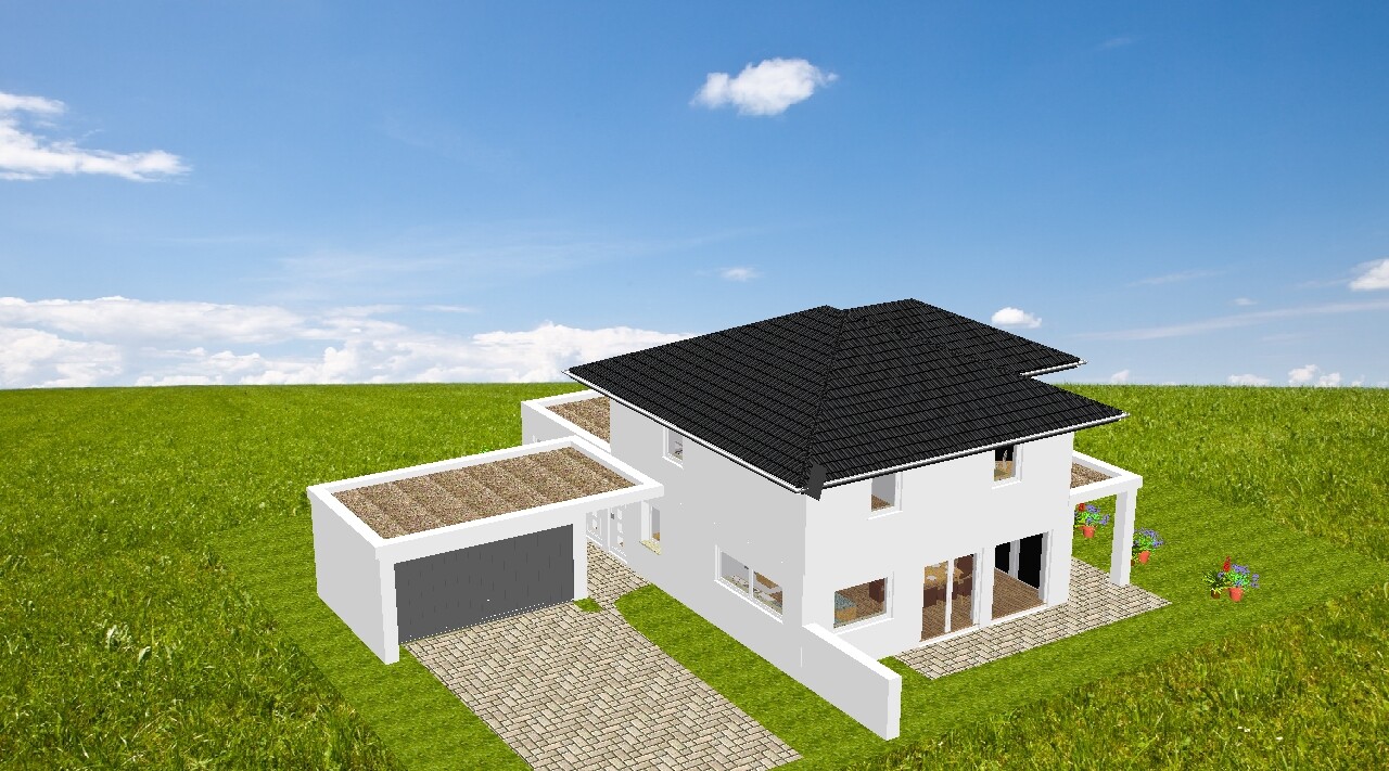 3D house model of a white two-story house with garage on green field