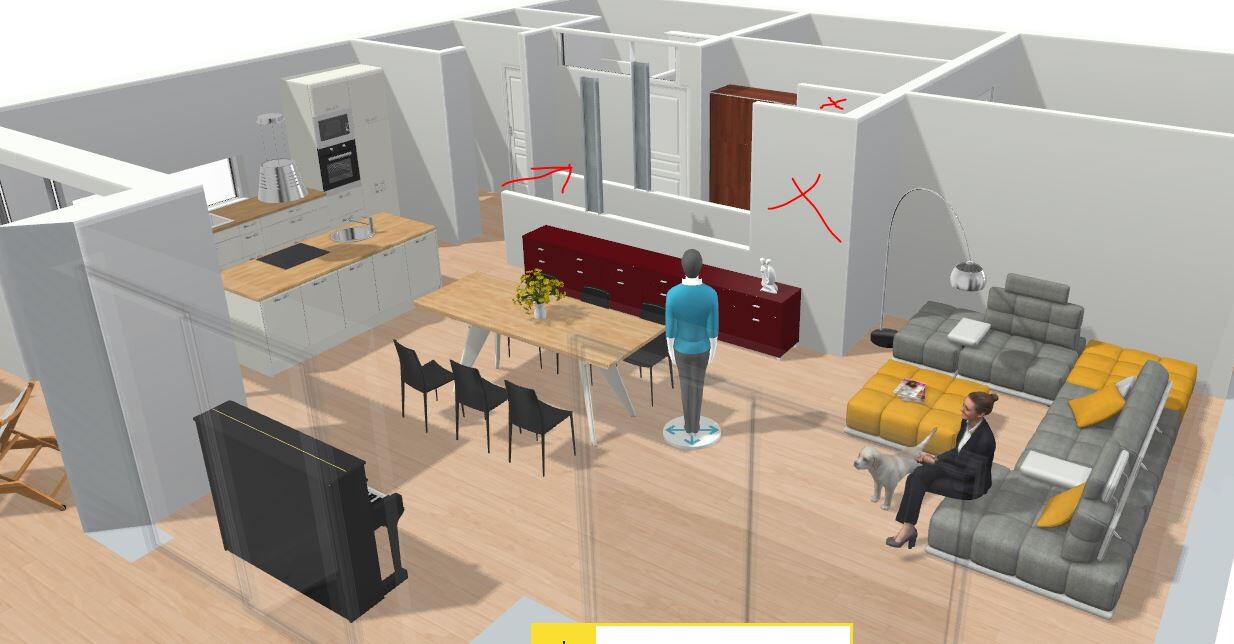 3D living area with open kitchen, dining table, red sideboard, sofa corner, standing person and dog.