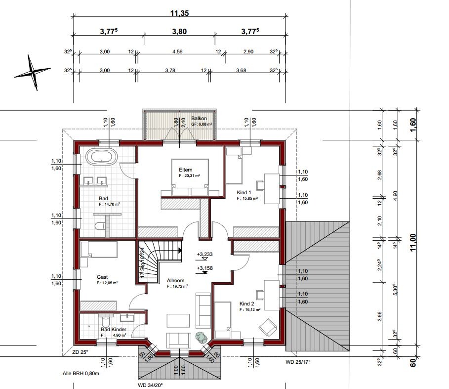 Grundriss eines Hauses mit Eltern-, Kind 1, Kind 2, Gast, Bad, Allroom und Balkon.