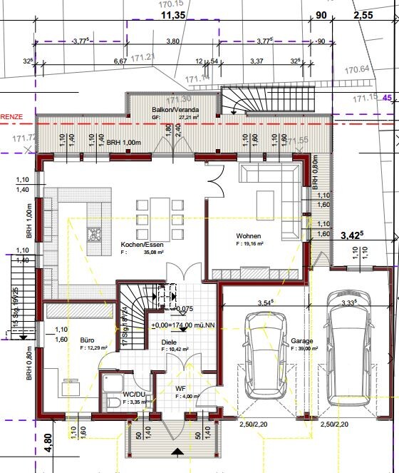 Einfamilienhaus-Grundriss Erdgeschoss mit Garage, Wohnen, Kochen/Essen, Büro, Diele, WC/DU, Balkon.