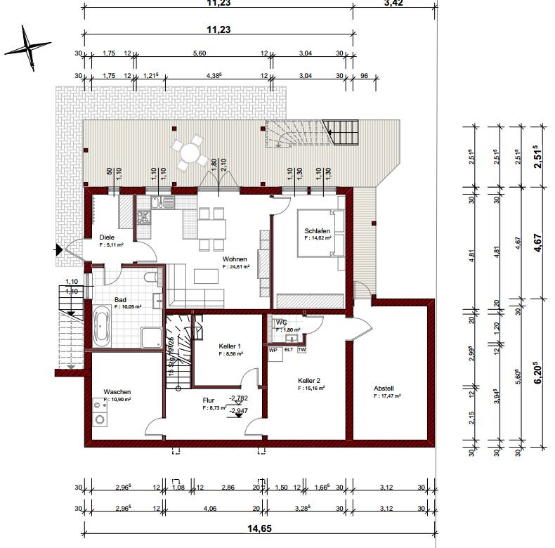 Grundriss eines Hauses: Wohnzimmer, Küche, Schlafen, Bad, Diele, Flur, Keller, WC, Terrasse
