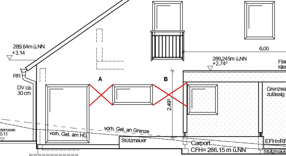 2D-Architekturplan eines Hauses mit Grundriss, Wänden, Fenstern und Carport