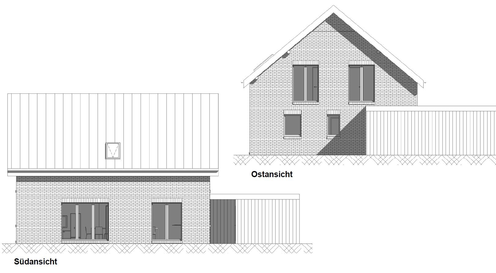 East and south elevation of a two-storey brick house with roof, architectural drawing