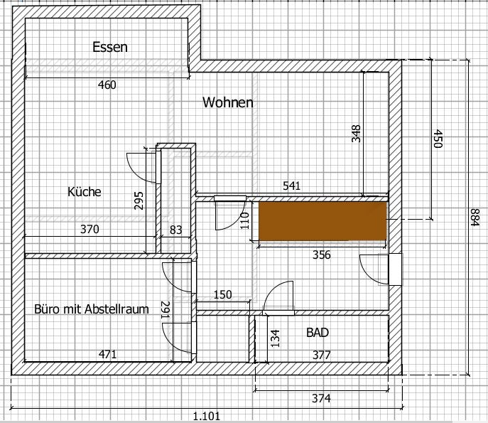 Grundriss einer Wohnung mit den Räumen Essen, Wohnen, Küche, Büro mit Abstellraum und Bad.