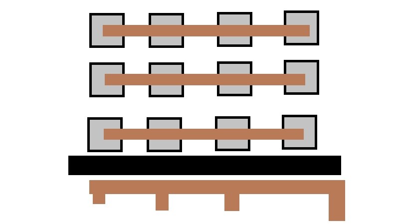 2D floor plan with four adjacent rooms per row and connecting paths