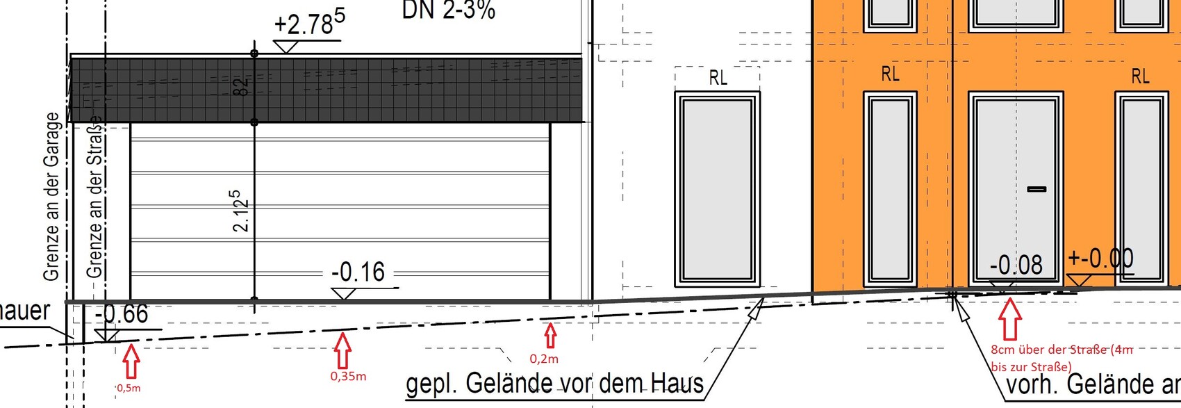 2D floor plan of a house with garage on the left and orange-colored facade on the right, windows