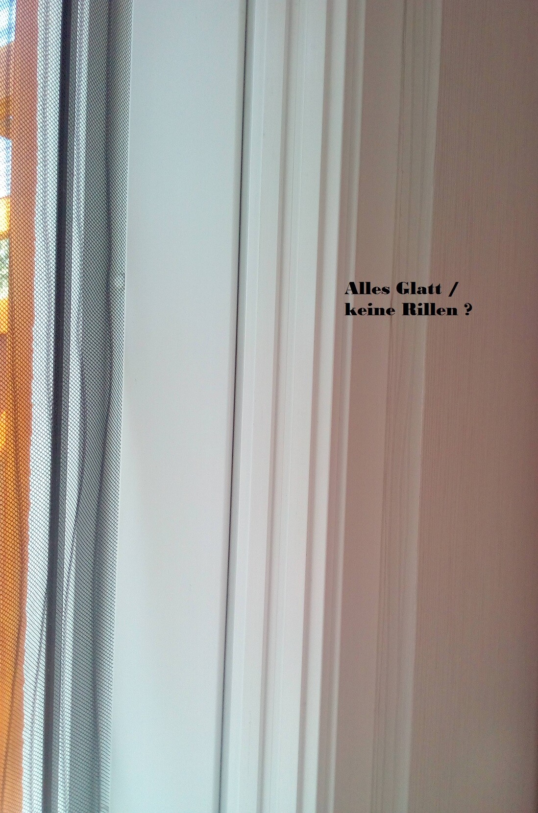Interior view: window frame with screen curtain, white wall, text on the wall