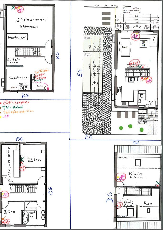 Multiple floor plans of a house showing living and sleeping areas, stairs, and garden
