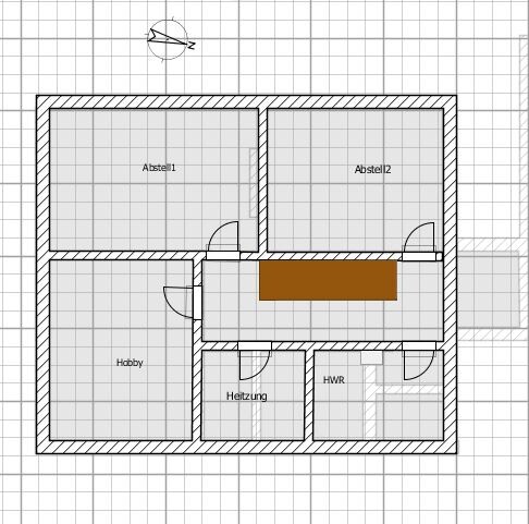 2D-Grundriss eines Hauses mit Abstellräumen, Hobbyraum, Heizung und HWR