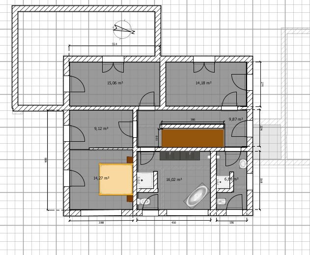 Grundriss einer Wohnung mit mehreren Zimmern, Türen, Badezimmer und orangefarbener Möbelausstattung.