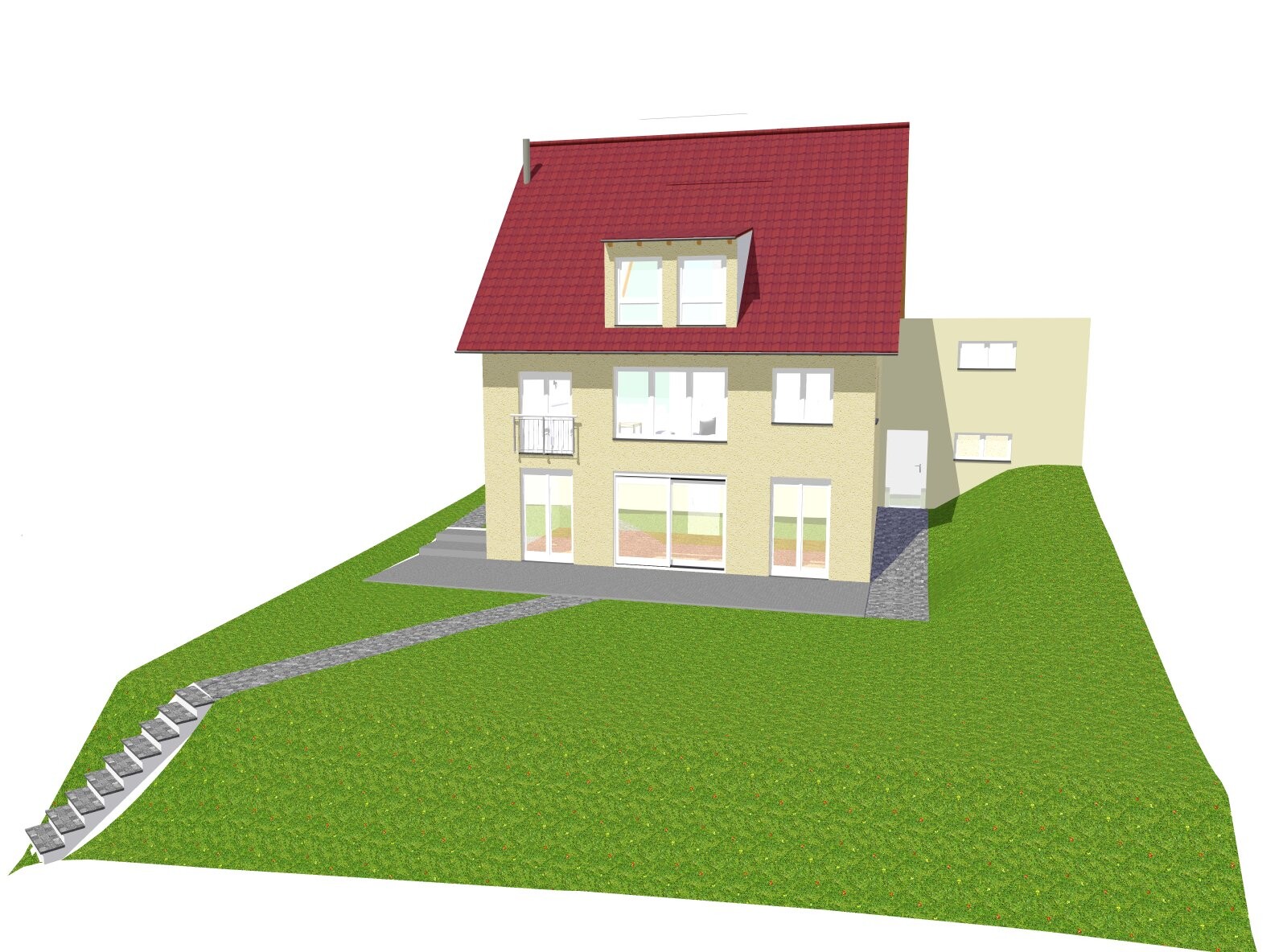 Mehrstöckiges Haus mit rotem Satteldach und beige Fassade, auf grünem Hang.