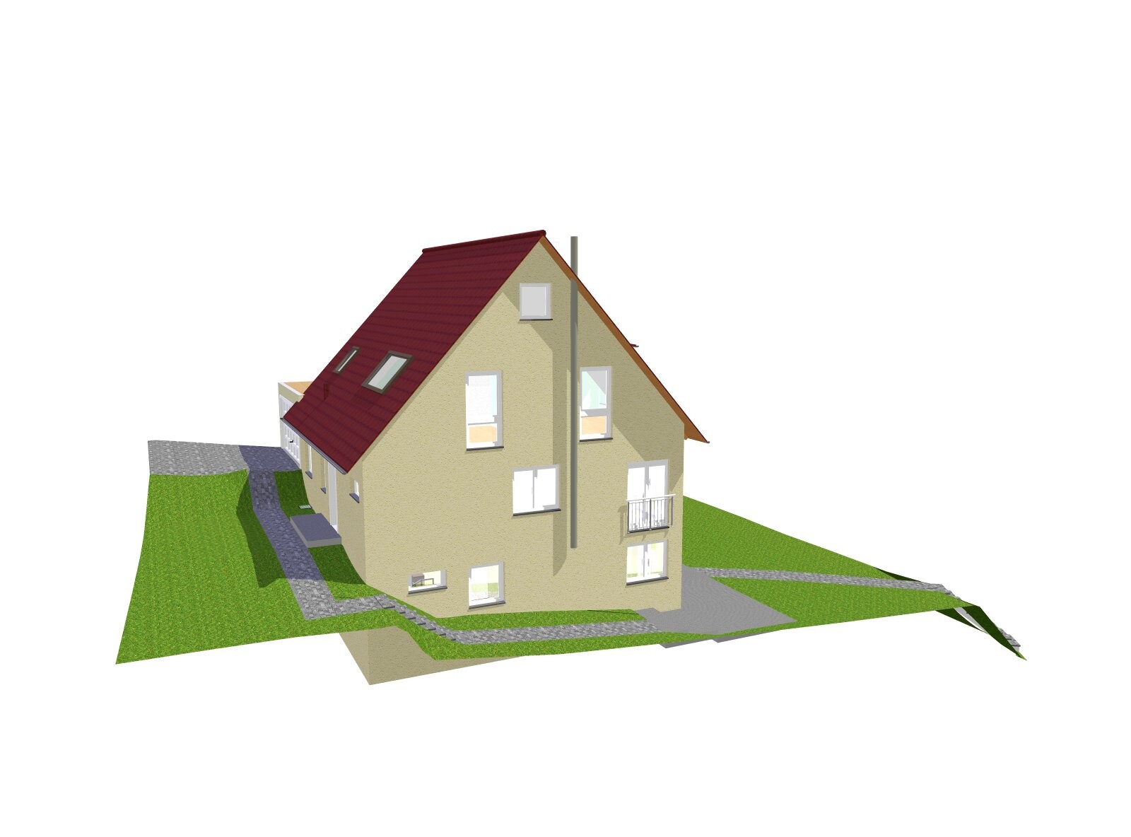 3D-Darstellung eines beige gestrichenen Hauses mit rotem Satteldach, Garten und Kiesweg.