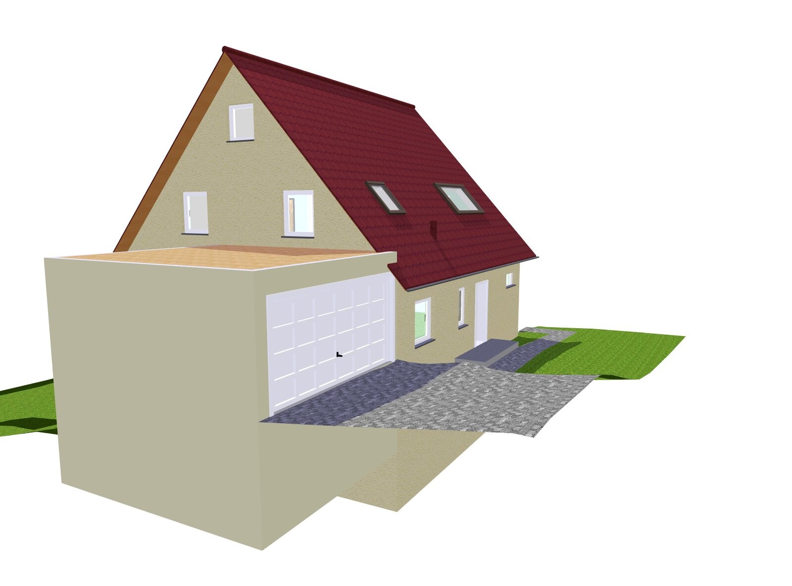 Zweistöckiges Einfamilienhaus mit rotem Satteldach, Garage und Gartenweg.