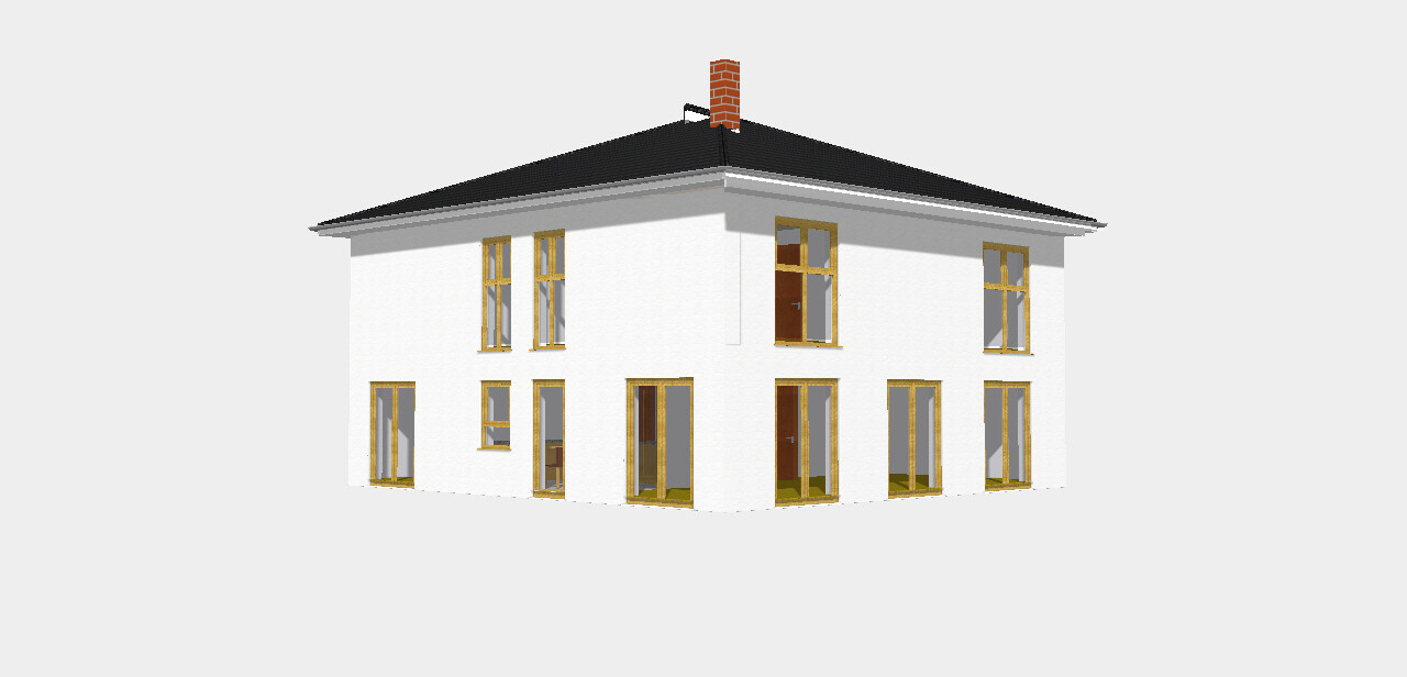 Two-story white house with large windows and wooden frames, black roof, and red chimney.