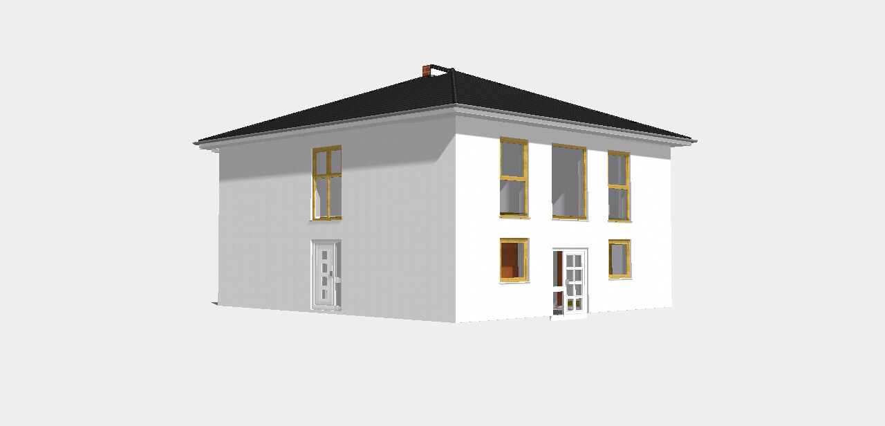 3D model of a two-story white house with dark roof, golden window frames, and two doors.
