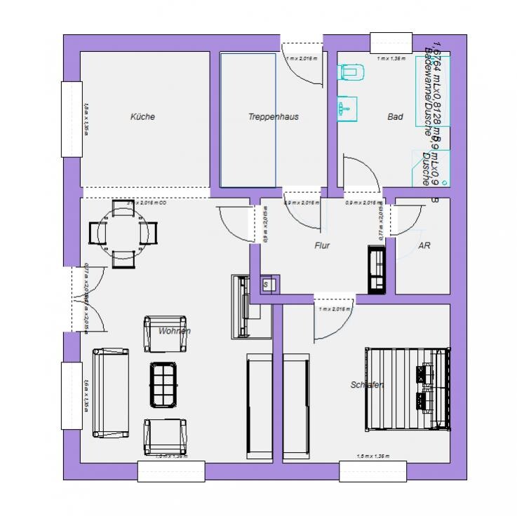 Floor plan of an apartment with kitchen, living room, bedroom, bathroom, hallway, and storage room.