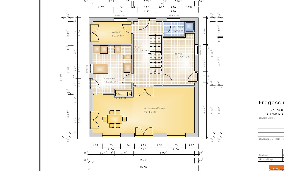 Grundriss Erdgeschoss: Wohnzimmer/Essen, Küche, Arbeitszimmer, Bad und Hauswirtschaftsraum.