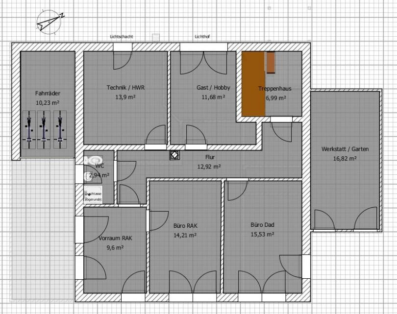Floor plan of a building with bike storage, technical/utility room, guest/hobby room, workshop/garden, offices, and WC.