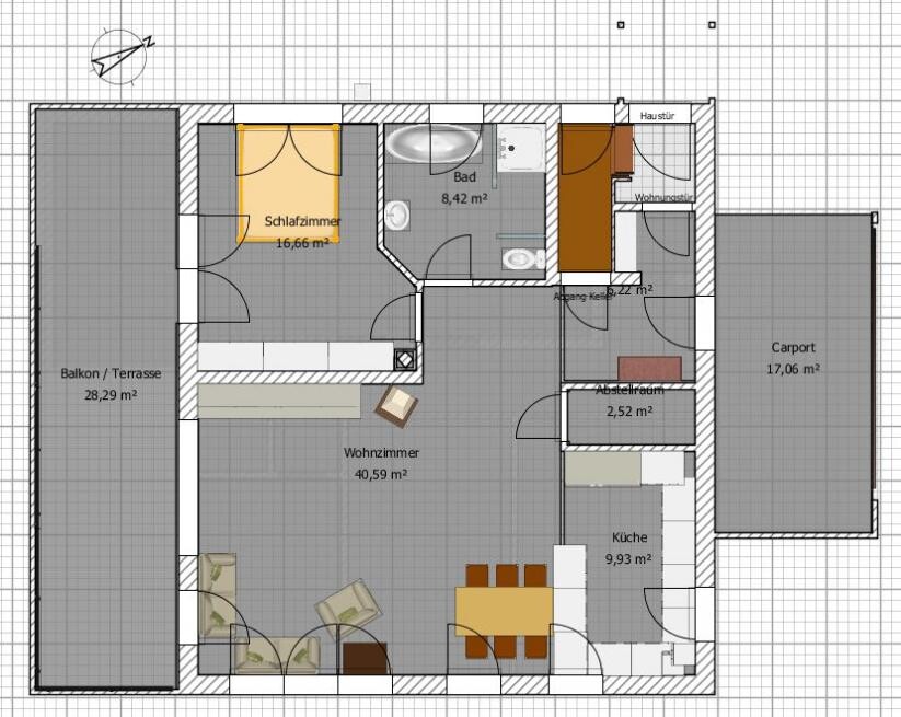 Floor plan of an apartment with balcony, living room, kitchen, bathroom, bedroom, and carport.