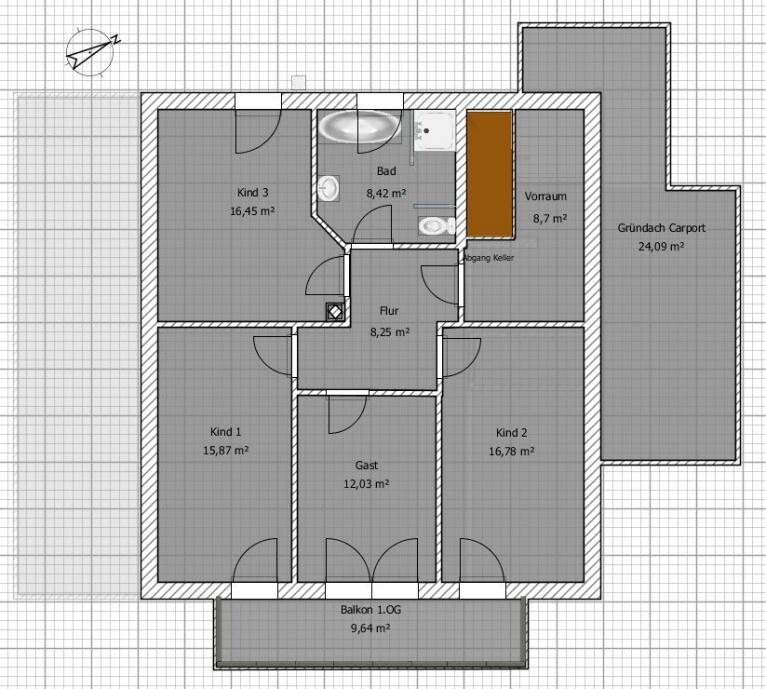 Floor plan of a house with three children’s bedrooms, guest room, bathroom, hallway, balcony, and carport.